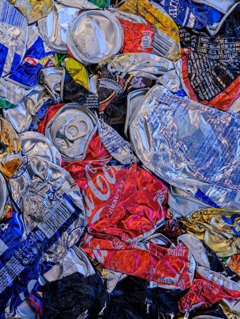 A close-up view of a large pile of crumpled and crushed aluminium beverage cans, predominantly silver in colour with some displaying colourful branding and labels such as red, blue, yellow, and black. The cans vary in size and are tightly packed together, with some partly flattened or torn. The textures range from smooth and reflective to slightly dented and wrinkled. The scene appears to be outdoors on a flat surface, possibly on a driveway or pavement, with some of the cans stacked or overlapping. The lighting is natural, casting subtle shadows on the metallic surfaces, emphasizing the wear and crumpled state of the cans. This image illustrates waste materials that could be part of a collection for recycling or disposal, relevant to private rubbish clearance or waste management services offered by companies like Waste Clearance Haringey, highlighting the importance of proper disposal and alternative waste handling methods for recyclable aluminium cans.